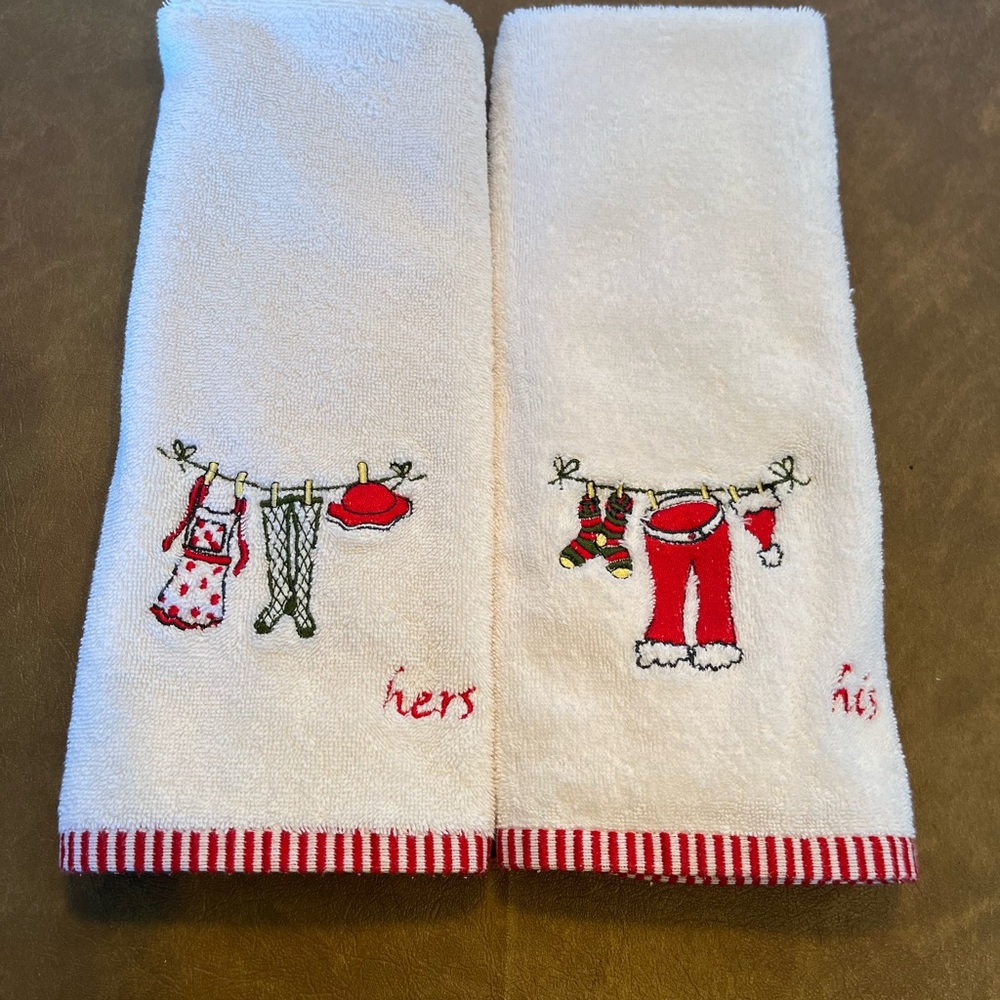 His and Hers White Hand Towels with Christmas Themed Embroidery New without tags - Picture 8 of 8